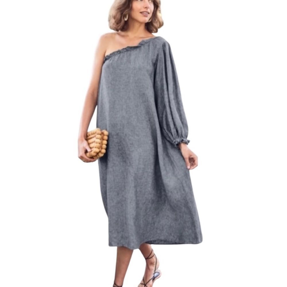 Lake Milly Linen Midi Dress NavyâBlue Off Shoulder Long Puff Sleeve Pockets